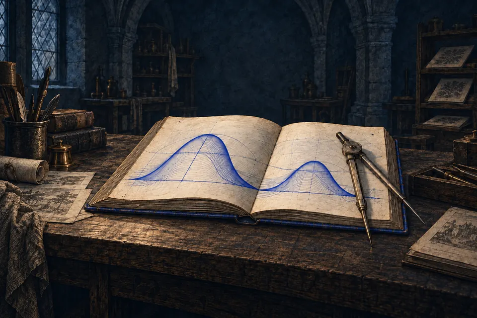 An open book with blue wave illustrations and a compass in a dark Renaissance workshop.