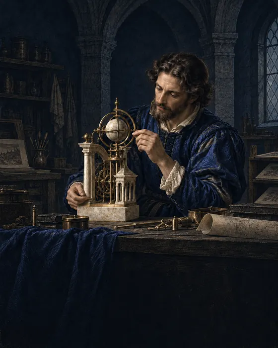 A Renaissance inventor working on a mechanical instrument in a dark stone workshop, with blue accents.