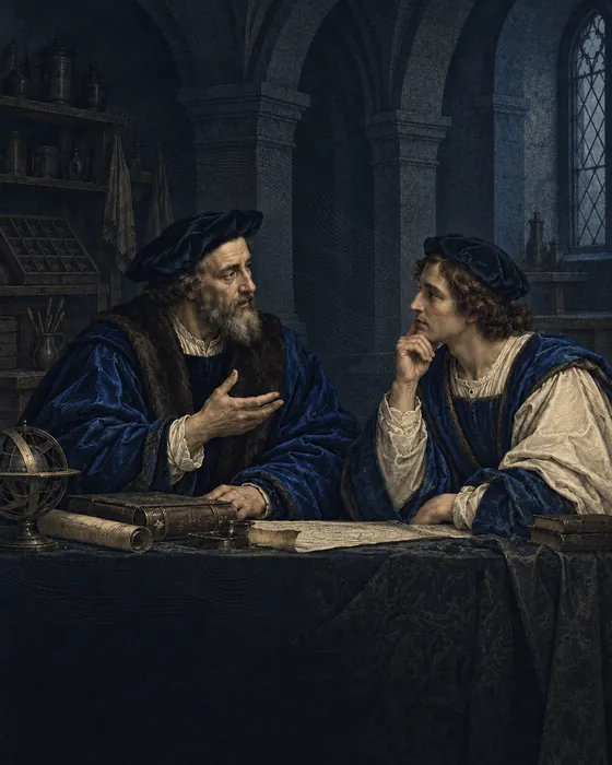 Two Renaissance scholars wearing blue in a dark stone workshop.