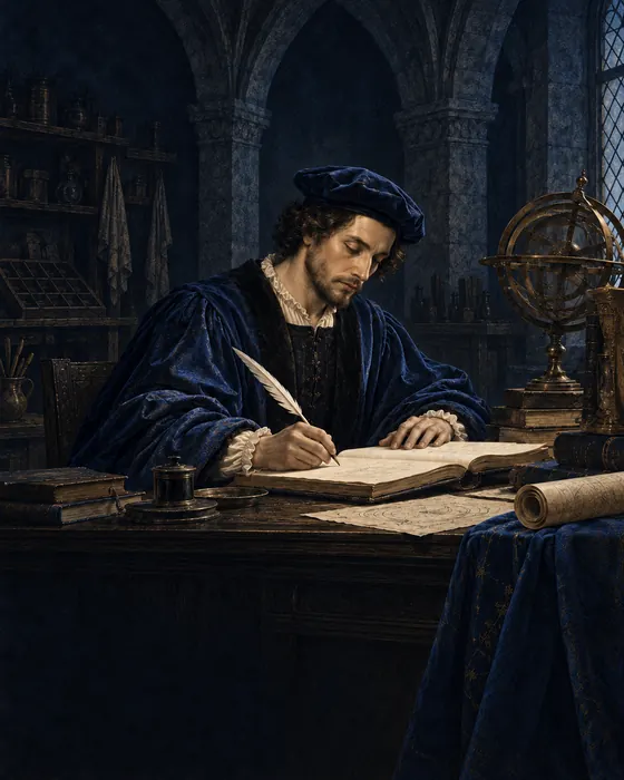 A Renaissance scribe in a blue robe transcribing with a quill in a dark stone workshop.
